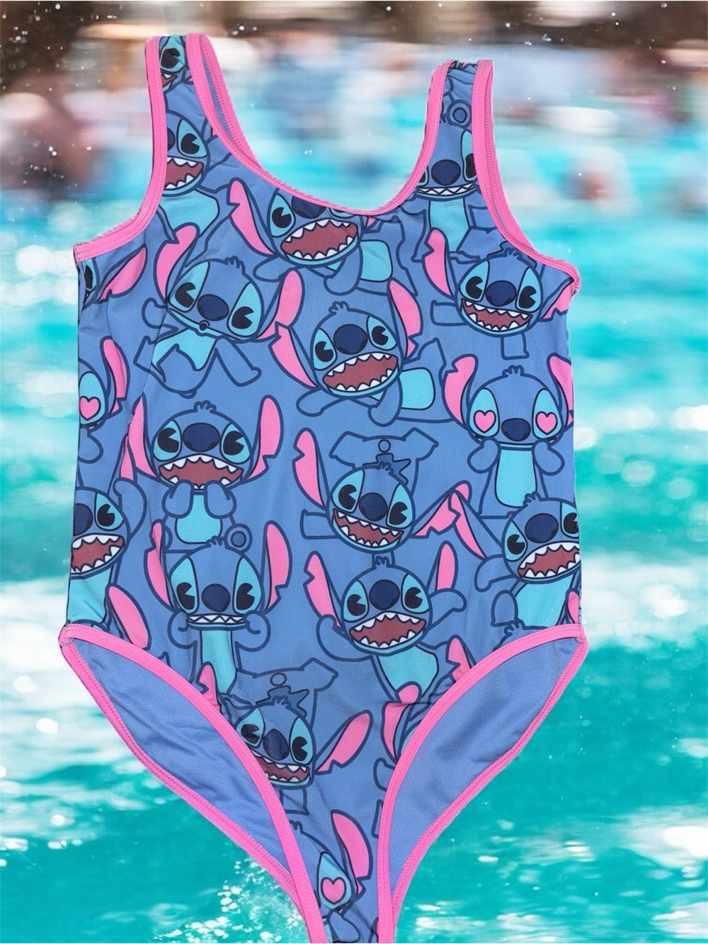 Disney Girls' Blue & Pink Stitch Graphic One-Piece Swimsuit Bathing Suit 14